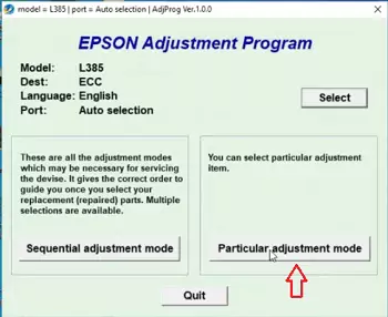 epson l385 resetter particular